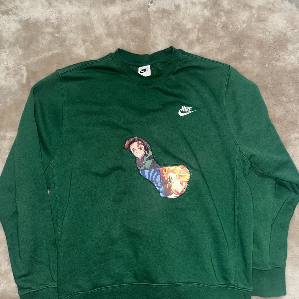 Nike forrest green Men's crewneck Demon slayer upcycle cut and sew